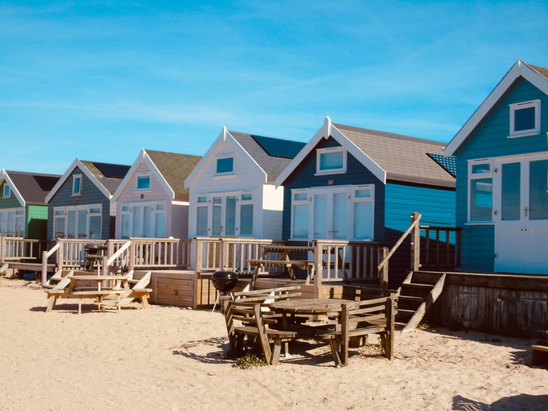 Colourful Mudeford spit beach huts, Christchurch